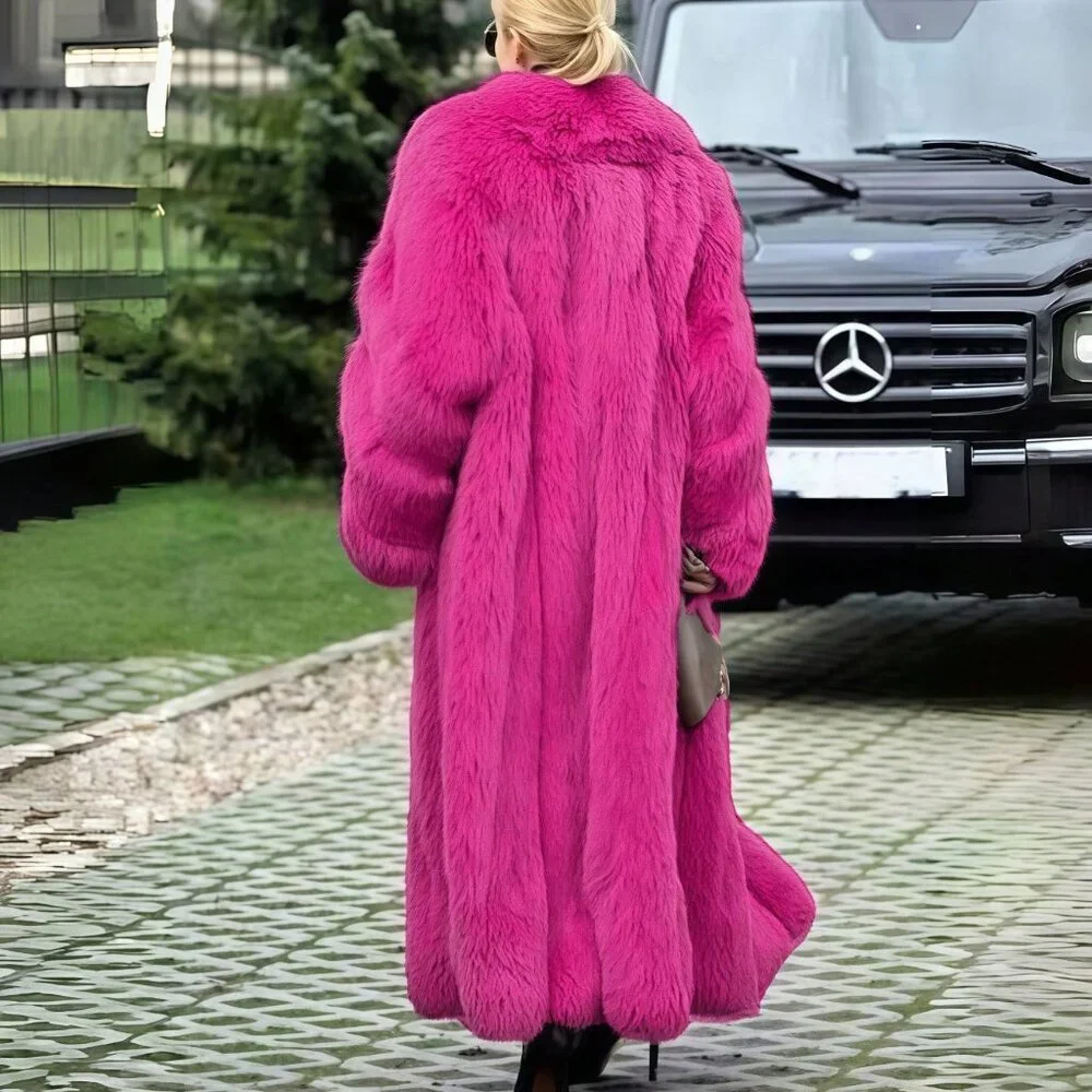 Fuchsia Women's Waterfall Neckline Long Faux Fur Coat - Picture 3 of 8